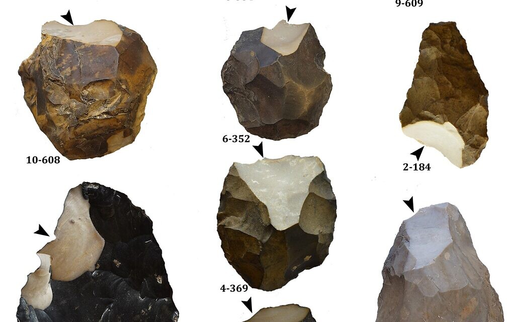 A photo showing the areas of the ancient hand axes that were removed for chemical analysis. (courtesy Tel Aviv University)