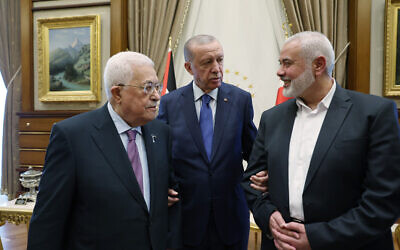 PA President Mahmoud Abbas (left), Turkish President Recep Tayyip Erdogan (center) and Hamas chief Ismail Haniyeh meeting in Ankara, July 26, 2023. (Turkish Presidency)