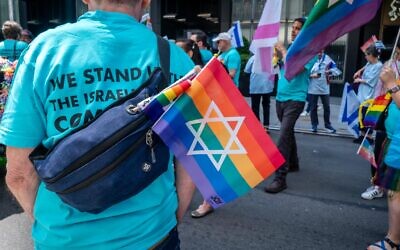 Illustrative: A pro-LGBTQ group at the Celebrate Israel Parade in New York City, June 4, 2023. (Luke Tress/Times of Israel)