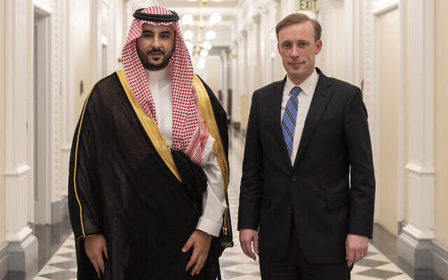 Saudi Arabia's Deputy Defense Minister Khalid bin Salman (L) and US National Security Adviser Jake Sullivan meet at the White House on May 18, 2022. (Khalid bin Salman/Twitter)