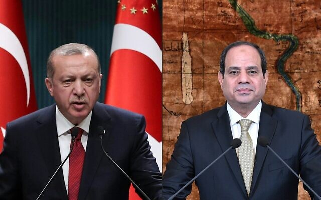 This combination of pictures created on June 22, 2020 shows (R) a handout picture released by the Egyptian Presidency of Egyptian President Abdel Fattah el-Sissi speaking in a televised address in the capital Cairo on January 25, 2017, and (L) Turkish President Recep Tayyip Erdogan speaking during a press conference at the Presidential Complex in Ankara, on April 18, 2018 (ADEM ALTAN and HO / various sources / AFP)