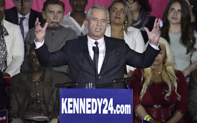 Democratic presidential candidate Robert F. Kennedy Jr. speaks at a campaign event at the Boston Park Plaza Hotel, in Boston, April 19, 2023. (AP/Josh Reynolds)