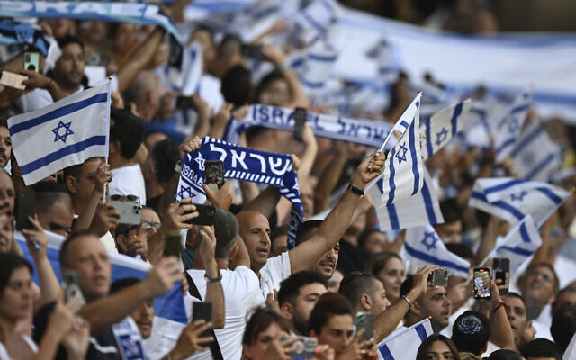 Israel's fans shout during the Euro 2023 U21 Championship semifinal soccer match between Israel and England at the Batumi Arena stadium in Batumi, Georgia, Wednesday, July 5, 2023.(AP/Tamuna Kulumbegashvili)