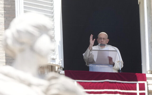 Pope Francis delivers the Angelus noon prayer in St. Peter's Square at the Vatican, July 9, 2023. (AP Photo/Gregorio Borgia)