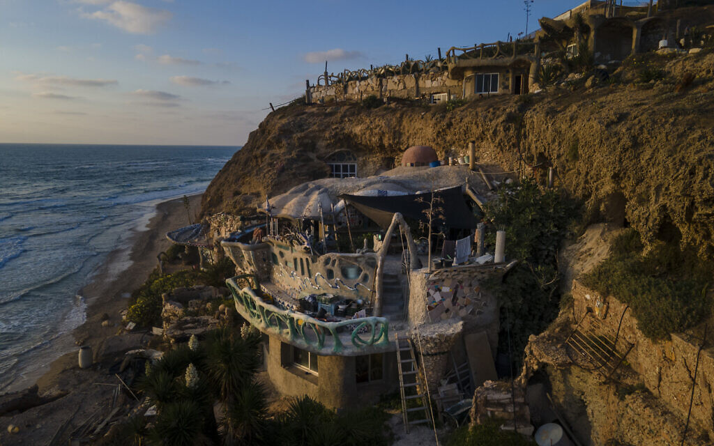 Nissim Kahlon's home, chiseled out of the sandstone cliffs, overlooks the Mediterranean Sea in Herzliya, June 28, 2023. (AP Photo/Ariel Schalit)