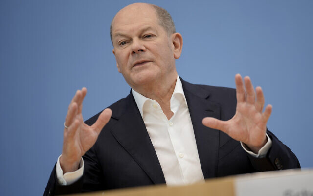 German Chancellor Olaf Scholz speaks during his annual summer press conference in Berlin, Germany, July 14, 2023. (AP Photo/Markus Schreiber)