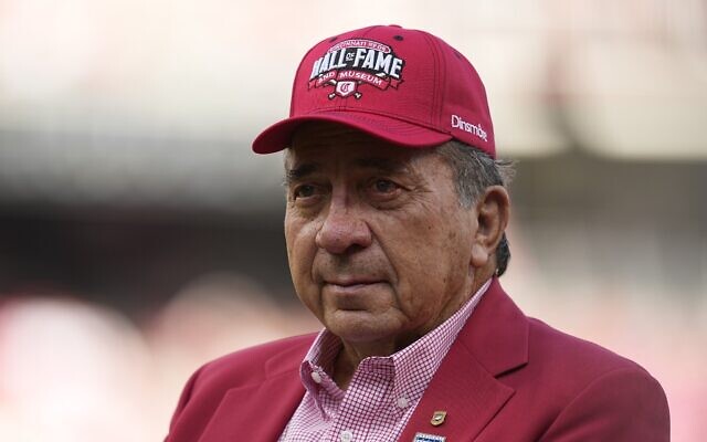 Former Cincinnati Reds player Johnny Bench looks on after being introduced during the Reds Hall of Fame Induction Ceremony before a baseball game between the Reds and the Milwaukee Brewers, July 15, 2023, in Cincinnati, Ohio. (AP Photo/ Darron Cummings)
