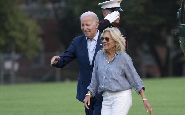 US President Joe Biden and First Lady Jill Biden arrive at Fort Lesley J. McNair from Camp David, on July 16, 2023, in Washington. (AP Photo/ Manuel Balce Ceneta)
