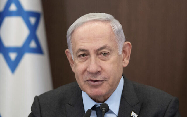 Prime Minister Benjamin Netanyahu chairs a cabinet meeting at the prime minister's office in Jerusalem, July 17, 2023. (AP Photo/Ohad Zwigenberg, Pool)