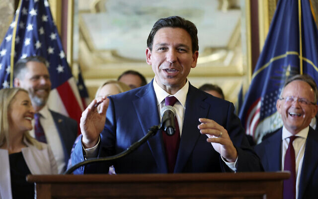 Republican US presidential candidate and Florida Gov. Ron DeSantis  speaks during a news conference at the Capitol in Salt Lake City, July 21, 2023. (Jeffrey D. Allred/The Deseret News via AP)