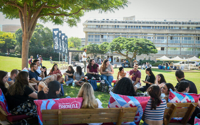 Students at Tel Aviv University on the first day of the academic year, October 10, 2021. (Flash90, via JTA)