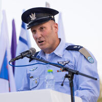Israeli Air Force chief Tomer Bar speaks at an event in honor of the 75th anniversary of the IAF's first-ever strike mission 75 years ago, at the Ad Halom Park near Ashdod, May 29, 2023. (Flash90)
