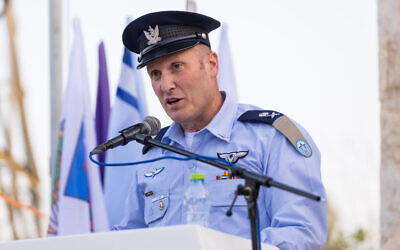 Israeli Air Force chief Tomer Bar speaks at an event in honor of the 75th anniversary of the IAF's first-ever strike mission 75 years ago, at the Ad Halom Park near Ashdod, May 29, 2023. (Flash90)