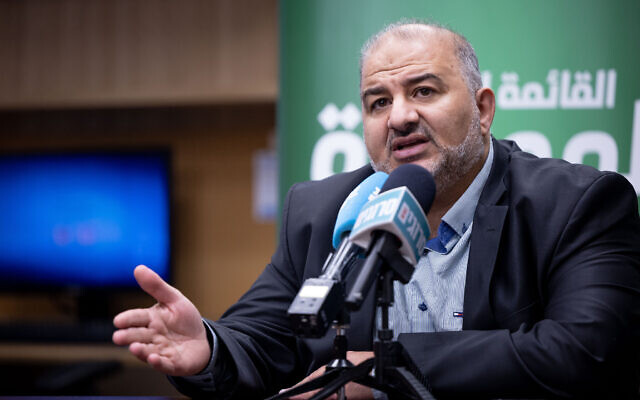 Ra'am party head MK Mansour Abbas leads a faction meeting, at the Knesset in Jerusalem, on June 12, 2023. (Yonatan Sindel/Flash90)