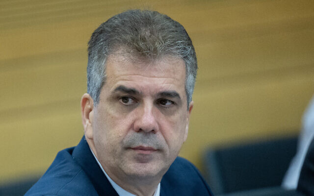 Foreign Minister Eli Cohen attends a Knesset committee hearing, June 12, 2023. (Yonatan Sindel/Flash90)