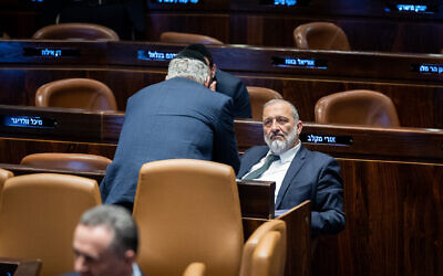 MK Aryeh Deri seen during a vote on the judge-picking panel at the assembly hall of the Israeli parliament in Jerusalem, June 14, 2023. (Yonatan Sindel/Flash90)