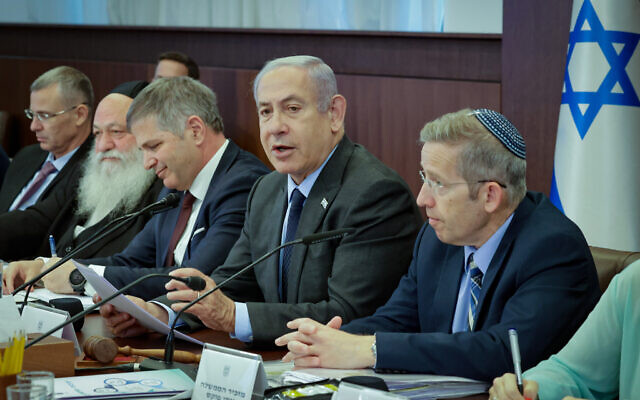 Prime Minister Benjamin Netanyahu leads a cabinet meeting, at the Prime Minister's Office in Jerusalem on July 2, 2023. (Marc Israel Sellem/POOL)