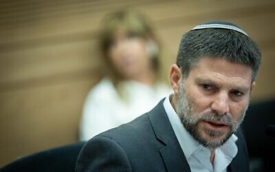 Finance Minister Bezalel Smotrich attends a discussion about the state budget, during a Finance Committee meeting at the Knesset, July 3, 2023. (Yonatan Sindel/Flash90)
