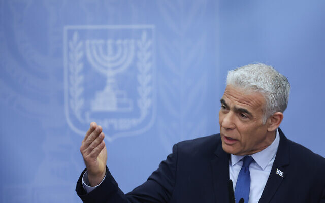 Head of the Yesh Atid party MK Yair Lapid speaks during a faction meeting at the Knesset in Jerusalem, on July 3, 2023. (Yonatan Sindel/Flash90)