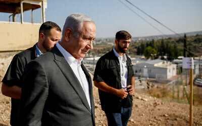 Prime Minister Benjamin Netanyahu visits at an army base near the West Bank city of Jenin, July 4, 2023. (Shir Torem/Flash90)