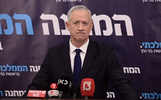 National Unity party head Benny Gantz speaks during a press conference in Ramat Gan, July 6, 2023. (Tomer Neuberg/Flash90)
