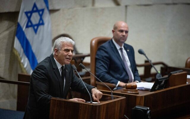 MK Yair Lapid addresses the Knesset floor, July 10, 2023. (Yonatan Sindel/Flash90)