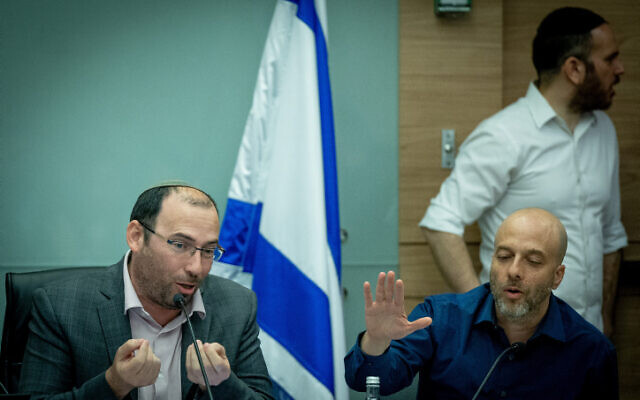 Knesset Constitution, Law and Justice Committee chairman MK Simcha Rothman (left) leads a committee meeting on a bill to severely limit the courts' use of the reasonableness standard, July 16, 2023. (Yonatan Sindel/Flash90)