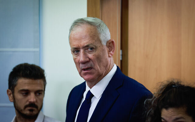 Leader of the National Unity Party MK Benny Gantz leads a faction meeting at the Knesset in Jerusalem, on July 17, 2023. (Chaim Goldberg/Flash90)