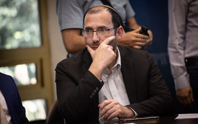 MK Simcha Rotman attends a Religious Zionist faction meeting at the Knesset in Jerusalem, July 17, 2023. (Chaim Goldberg/Flash90)