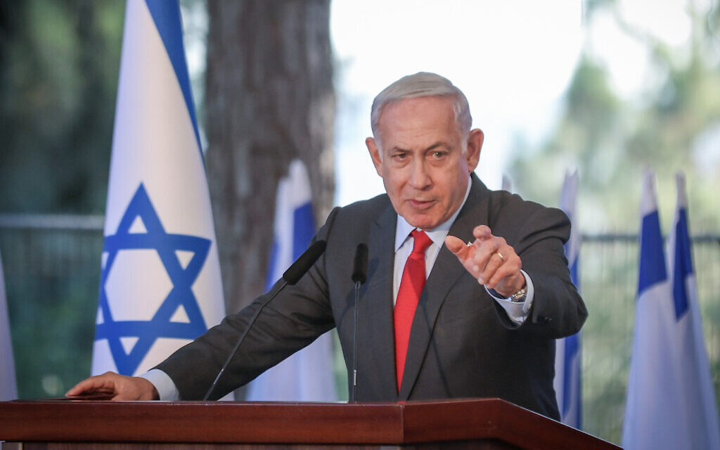 Prime Minister Benjamin Netanyahu attends a memorial ceremony for Zionist leader Ze'ev Jabotinsky at Mount Herzl, in Jerusalem on July 18, 2023. (Noam Revkin Fenton/Flash90)