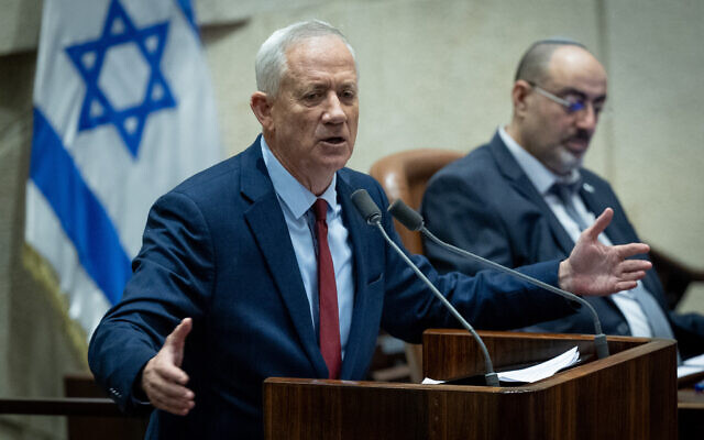 National Unity party leader Benny Gantz speaks in the debate before the vote on the 'reasonableness' bill in the Knesset, July 23, 2023. (Yonatan Sindel/Flash90)