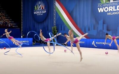 Screen capture from video of the Israeli team during the silver medal-winning routine at the 2023 FIG Rhythmic Gymnastics World Cup series, July 22, 2023. (YouTube. Used in accordance with Clause 27a of the Copyright Law)