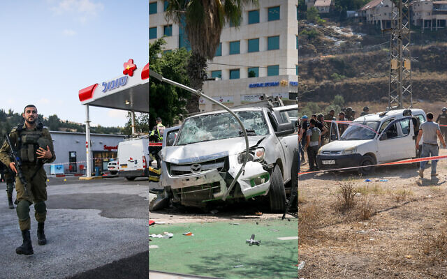 This combination image shows the scenes of three attacks claimed by the Hamas terror group: (L-R) A terror shooting near the West Bank settlement of Eli on June 20, a car-ramming and stabbing terror attack in Tel Aviv on July 4, and a shooting attack near the West Bank settlement of Kedumim, July 6, 2023. (Miriam Alster; Hillel Maeir/Flash90)