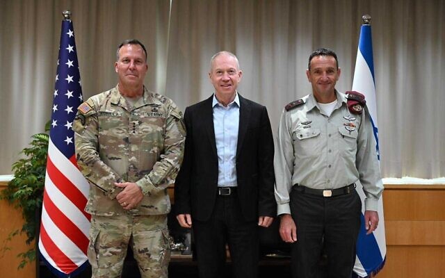 In this handout photo, US CENTCOM commander Michael Erik Kurilla meets with Defense Minister Yoav Gallant (C) and IDF Chief of Staff Herzi Halevi in Tel Aviv, July 26, 2023. (Nicole Laskavi/Defense Ministry)
