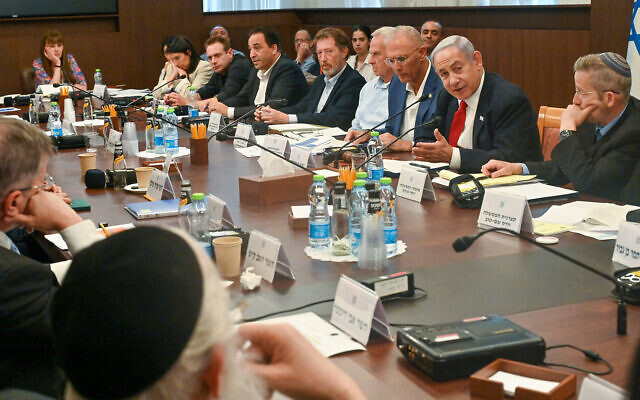 In this handout photo, Prime Minister chairs a meeting of the Ministerial Committee for Issues in the Arab Community at his office in Jerusalem, July 11, 2023. (Kobi Gideon/GPO)