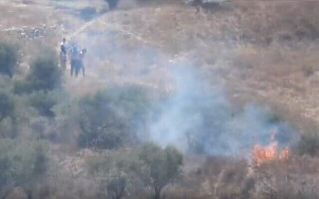Settlers from Yitzhar walk away from a fire started on fields belonging to the Palestinian village of Burin on July 29, 2023. (Screen capture/Yesh Din)