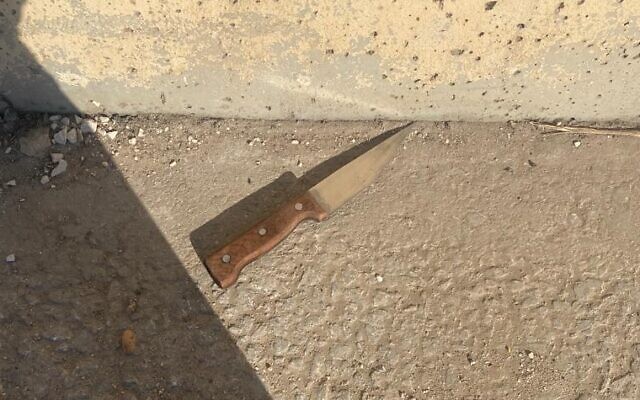 This handout photo shows a knife a Palestinian suspect was armed with in an attempted attack at the Jalameh checkpoint in the northern West Bank, July 22, 2023. (Defense Ministry)