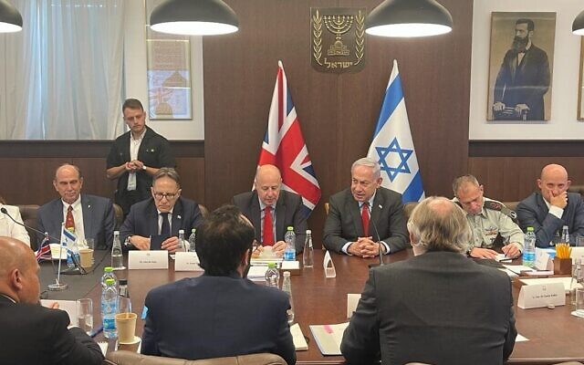 Prime Minister Benjamin Netanyahu joins UK National Security Adviser Tim Barrow and his Israeli counterpart Tzachi Hanegbi for an interagency meeting in Jerusalem on July 18, 2023 (Courtesy)
