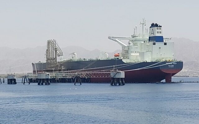 An oil tanker docked at the Europe-Asia Pipeline Company's port in Eilat from May 28 to 30, 2023.  (Courtesy, Zalul)