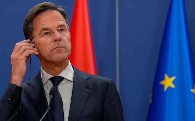 Netherland's Prime Minister Mark Rutte listens to a question during a press conference after talks with Serbia's President Aleksandar Vucic and Luxembourg Prime Minister Xavier Bettel at the Serbia Palace, in Belgrade, Serbia, July 3, 2023. (AP Photo/Darko Vojinovic)