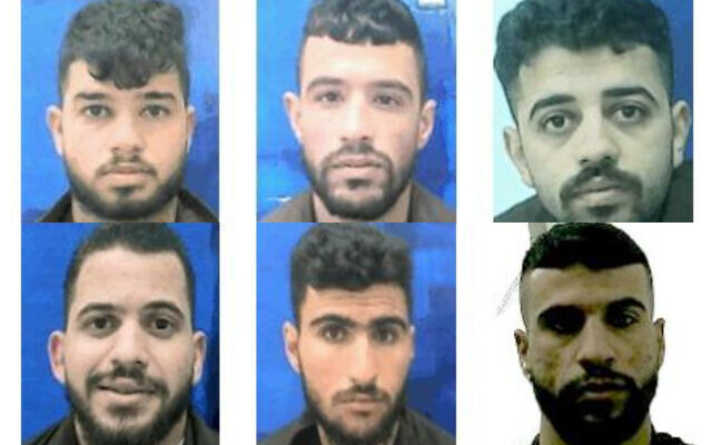 A handout photo from the Shin Bet on July 12, 2023, of six Palestinians arrested for shooting attacks in the central West Bank: (Clockwise from top left) Muhammad Hajj Muhammad, Ibrahim Naasan, Abdullah Hajj Muhammad, Majed Naasan, Ayyub Naasan, and Adb al-Karim Abu Aliya. (Shin Bet)