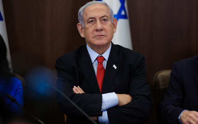 Prime Minister Benjamin Netanyahu attends a weekly cabinet meeting in the Prime Minister's Office in Jerusalem on July 30, 2023. (Abir Sultan/Pool/AFP)