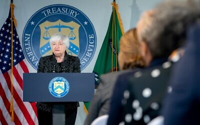 US Treasury Secretary Janet Yellen delivers remarks on the Inflation Reduction Act after visiting the site of a new paperless processing initiative in McLean, Virginia, on August 2, 2023. (Stefani Reynolds / AFP)