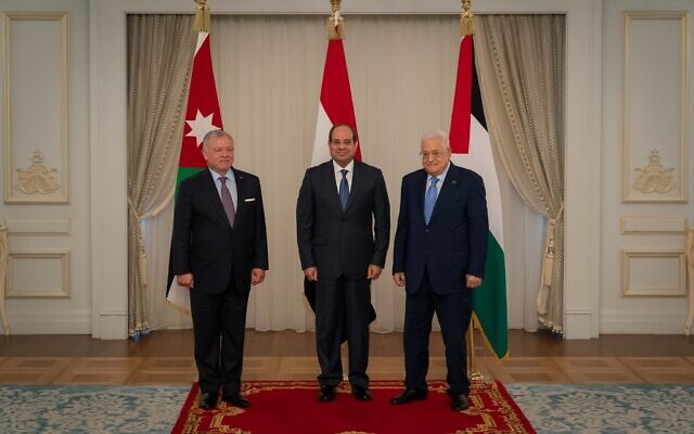 (L-to-R) Jordan's King Abdullah II, Egyptian President Abdel-Fattah el-Sissi and Palestinian Authority President Mahmoud Abbas during a trilateral summit in El Alamein on Egypt's northern coast on August 14, 2023. (Chris Setian / Jordanian Royal Palace / AFP)