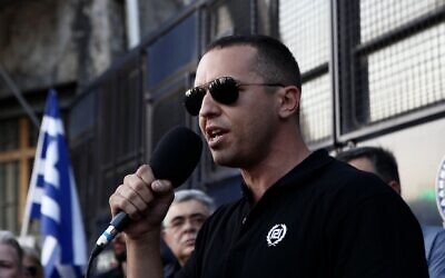 Then-Golden Dawn lawmaker Ilias Kasidiaris speaks during a rally against the construction of a mosque in central Athens, Sept. 5, 2018. (Panayotis Tzamaros/NurPhoto/Getty Images)