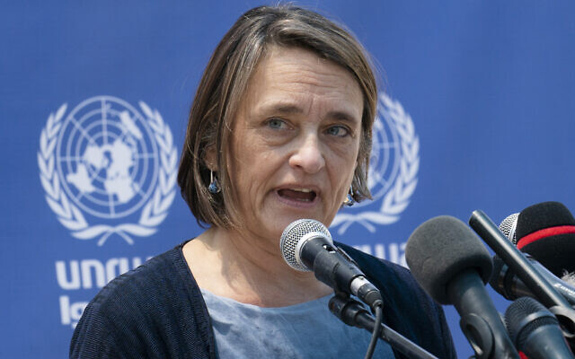 Lynn Hastings, of Canada, United Nations Deputy Special Coordinator for the Middle East Peace Process and Resident Coordinator and Humanitarian Coordinator for the West Bank and Gaza, speaks during a news conference on May 23, 2021, in Gaza City. (AP Photo/John Minchillo)