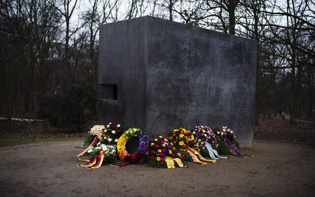 Wreaths placed at the memorial for the homosexual victims of the Nazis on the International Holocaust Remembrance Day in Berlin, Germany, January 27, 2023. (Markus Schreiber/AP)