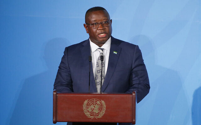 Sierra Leone's President Julius Maada Bio addresses the Climate Action Summit in the United Nations General Assembly at the U.N. headquarters, on Sept. 23, 2019. (AP/Jason DeCrow)