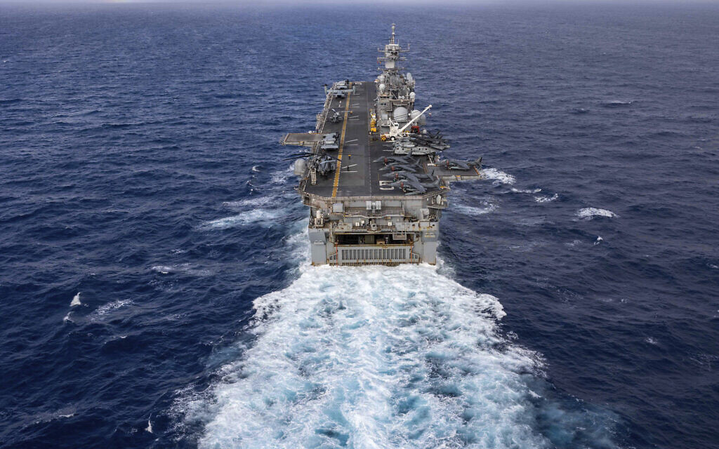 In this handout photo from the US Navy, the Wasp-class amphibious assault ship USS Bataan travels through Atlantic Ocean on July 20, 2023. (Mass Communication Specialist 2nd Class Danilo Reynoso/U.S. Navy, via AP)