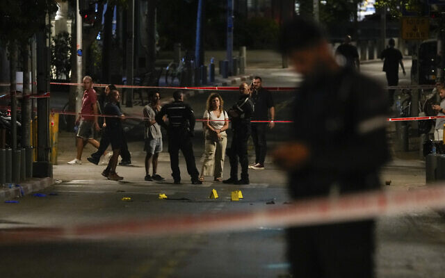 Israeli police inspect the site of a deadly terrorist shooting attack in Tel Aviv, August 5, 2023. (AP Photo/Maya Alleruzzo) Israeli police inspect the site of a deadly terrorist shooting attack in Tel Aviv, August 5, 2023. (AP Photo/Maya Alleruzzo)